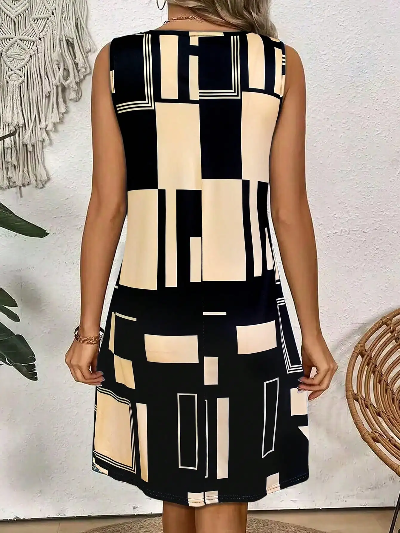 Geometric Pattern Sleeveless Dress For Women‘s Summer Clothes,Black Women Midi Dresses,daily dresses for women summer Geometric Pattern Sleeveless Dress For Women‘s Summer Clothes,Black Women Midi Dresses,daily dresses for women summer