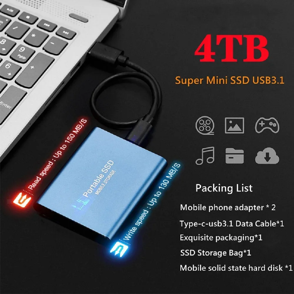 128TB USB3.1 Portable Solid State Drive External Hard Disk Type-C High Speed Data Backup Storage Device for Desktop PC