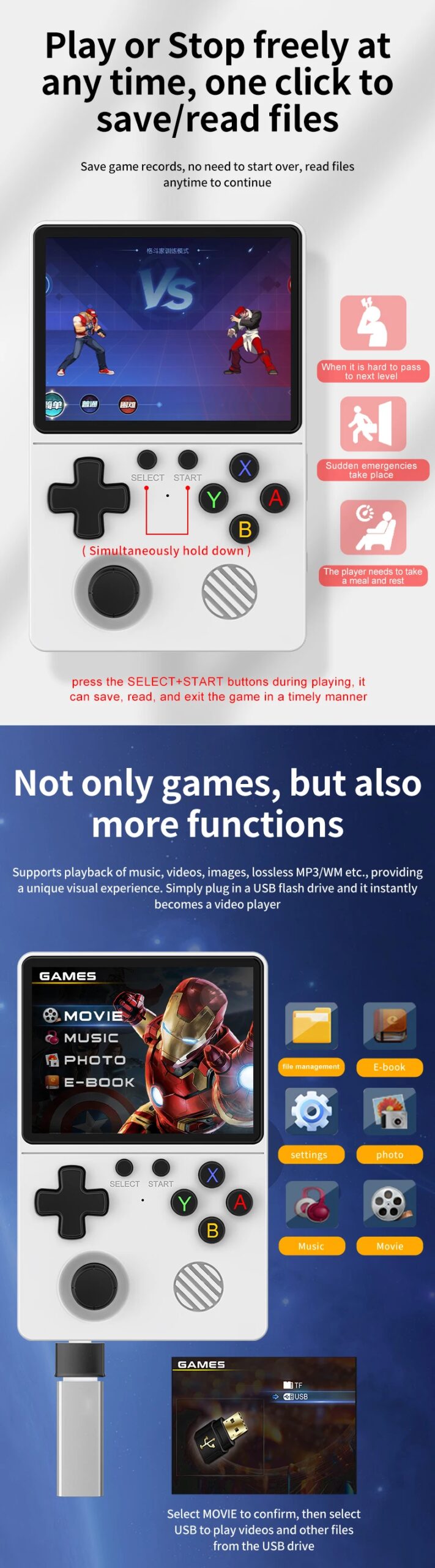 GB350 game console has over 20000 built-in games and supports functions such as e-books, music players, video players, etc