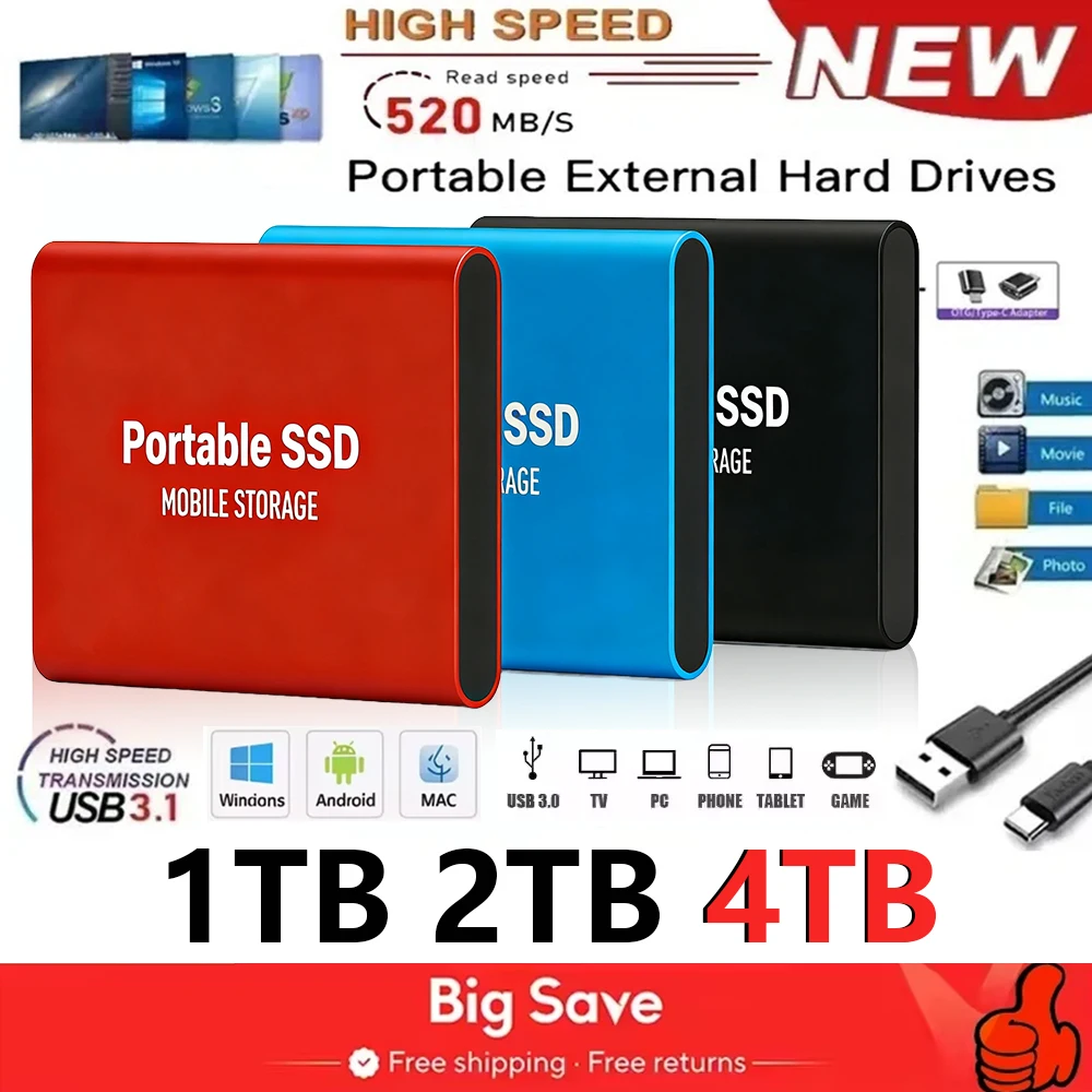 Genuine Portable SSD 1TB High Speed External Hard Drive 2TB/4TB USB 3.2 Hard Disk 16TB Mass Solid State Drive for Laptop/PC/MAC