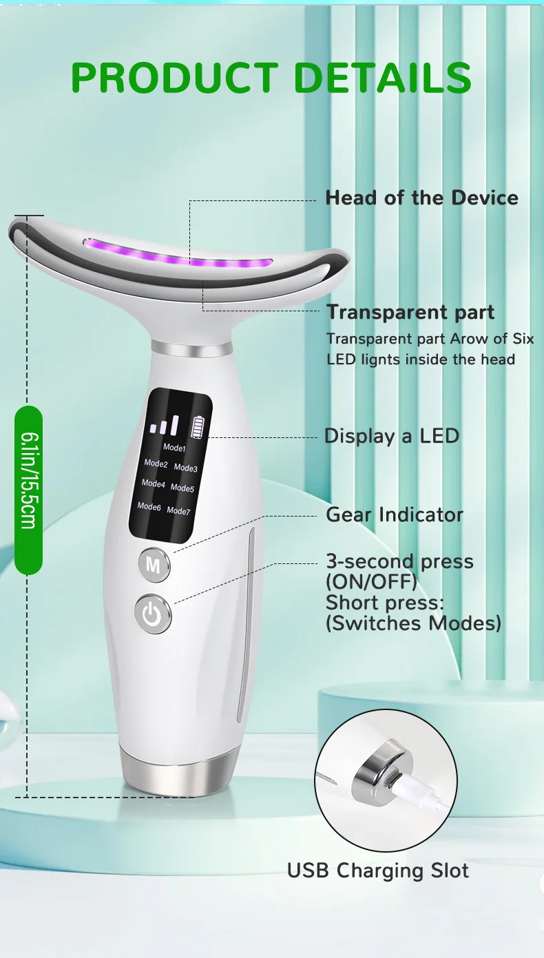 7 Color Facial Neck Massager EMS Micro-current Neck Face Beauty Device for Enhanced Face Neck and Shoulder Care with Vibrating