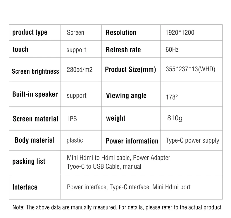 Anmite 16-Inch Portable Touch Monitor Non-touch optional 1200P HDR 16:10 For XBox PS4 / 5 Switch Cell Phone PC Loptop Extension