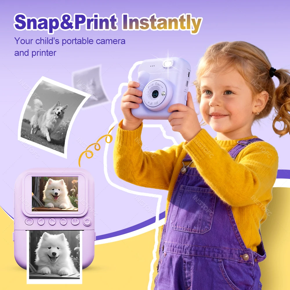 Kids Instant Camera Color Printing 2.4''IPS Digital 1080P Video Photo Thermal Printer 57x25mm as a Gift for Girls,Boys,Children