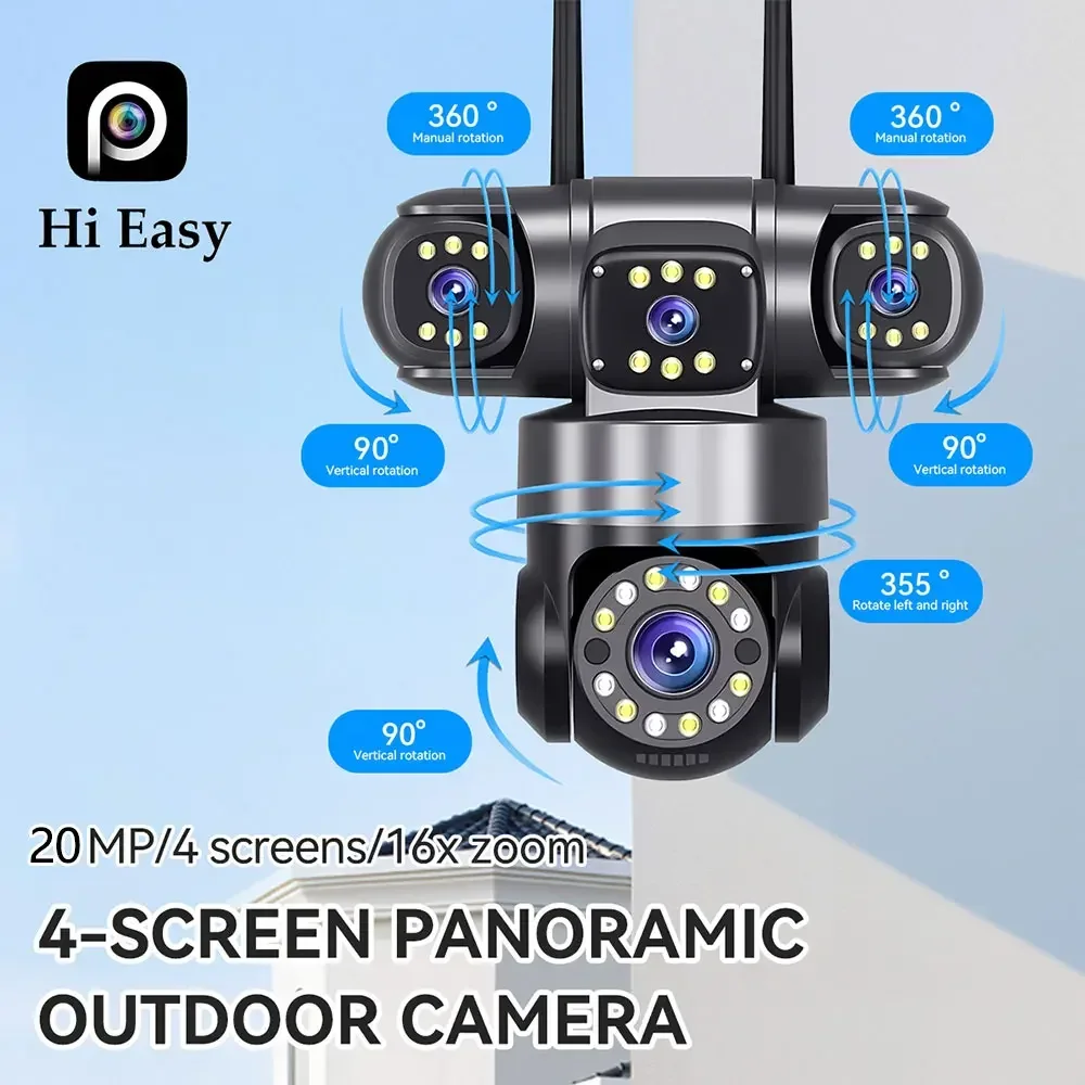 10K 20MP Home Security Outdoor WiFi Camera 4 Lens 4 Screen 360° 16X Zoom CCTV Wireless Surveillance PTZ Cam Security Protection 10K 20MP Home Security Outdoor WiFi Camera 4 Lens 4 Screen 360° 16X Zoom CCTV Wireless Surveillance PTZ Cam Security Protection