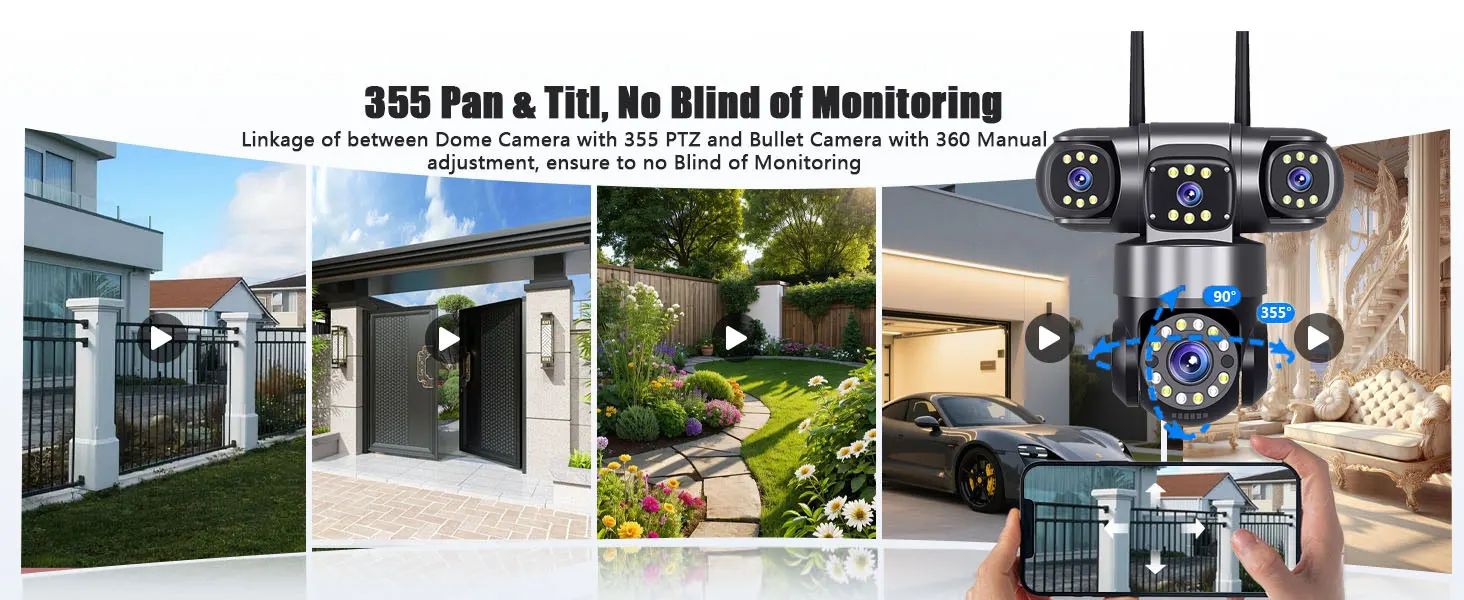 10K 20MP Home Security Outdoor WiFi Camera 4 Lens 4 Screen 360° 16X Zoom CCTV Wireless Surveillance PTZ Cam Security Protection 10K 20MP Home Security Outdoor WiFi Camera 4 Lens 4 Screen 360° 16X Zoom CCTV Wireless Surveillance PTZ Cam Security Protection