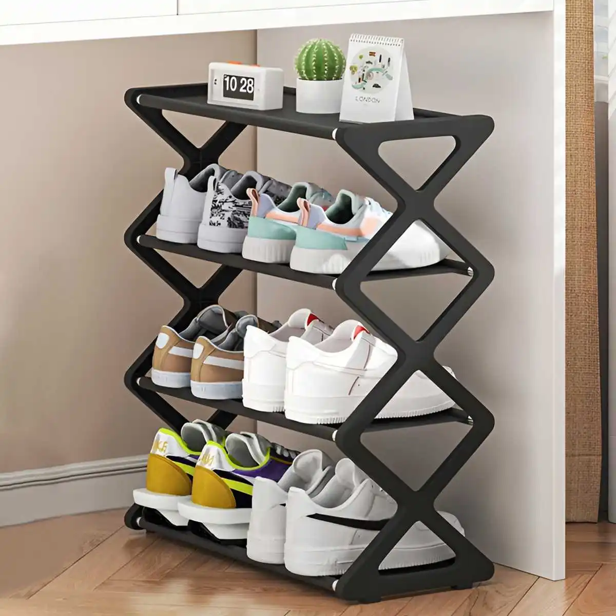 Hot 4-Tier X-Type Shoe Storage Rack, Dorm Rooms Multifunctional X-shaped Dust-proof Storage Rack for Entryways Hallways Bedrooms