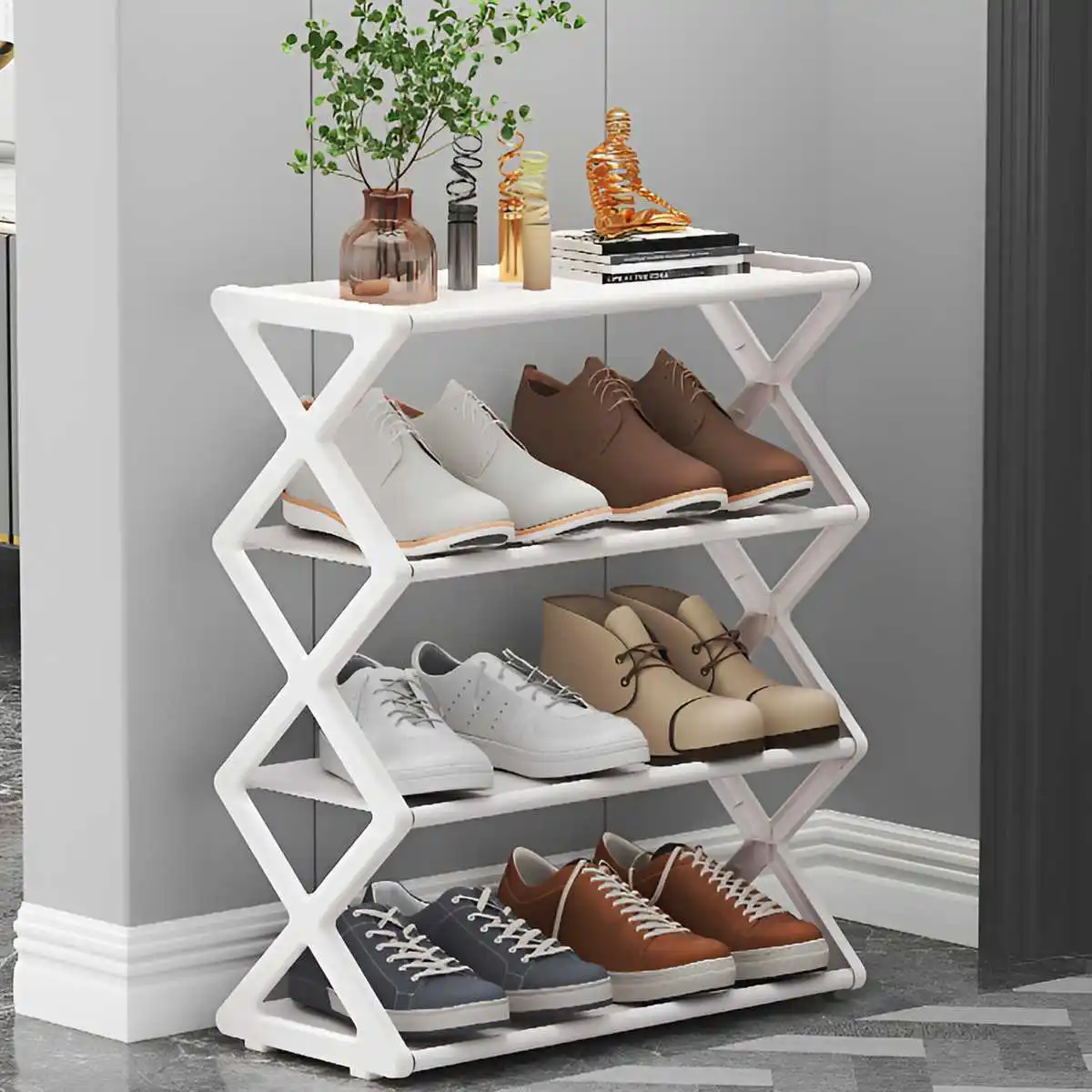 Hot 4-Tier X-Type Shoe Storage Rack, Dorm Rooms Multifunctional X-shaped Dust-proof Storage Rack for Entryways Hallways Bedrooms