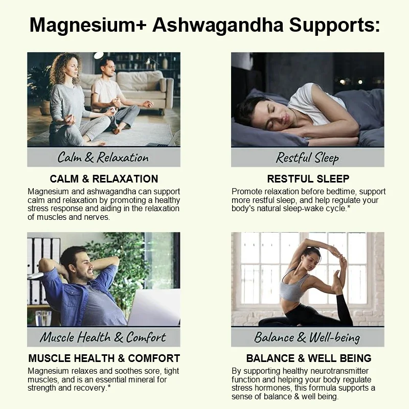 Magnesium + Ashwagandha Supplement, with Magnesium Citrate, Muscle Recovery, Heart & Bone Health, Calm & Relaxation
