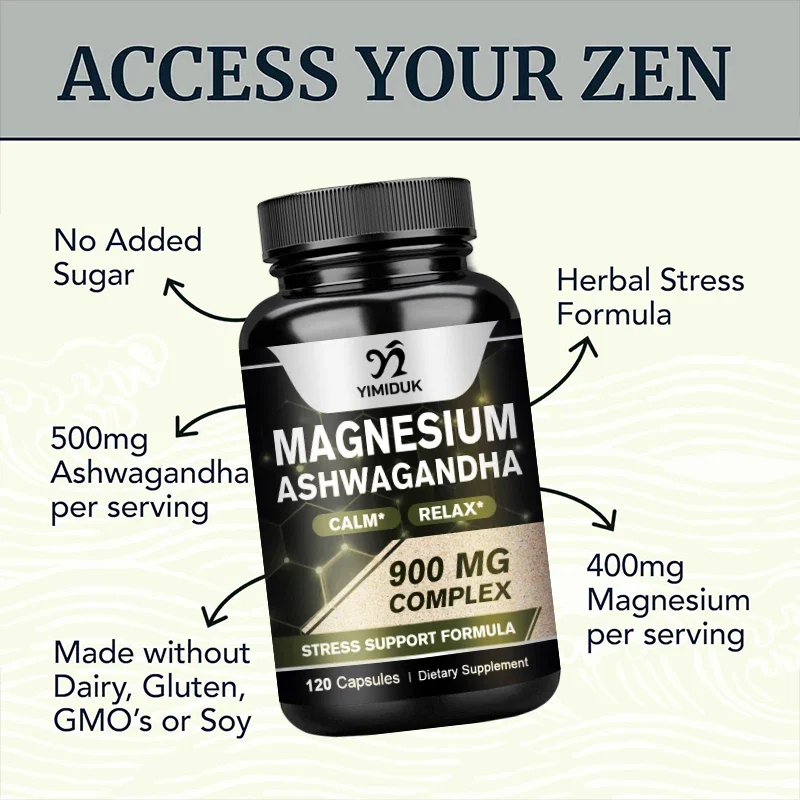 Magnesium + Ashwagandha Supplement, with Magnesium Citrate, Muscle Recovery, Heart & Bone Health, Calm & Relaxation