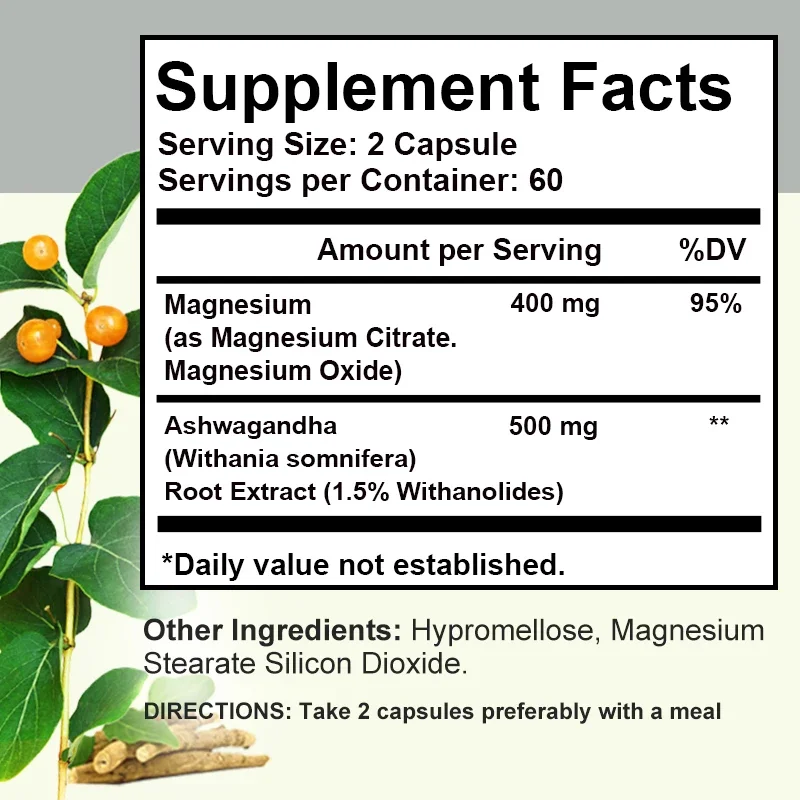 Magnesium + Ashwagandha Supplement, with Magnesium Citrate, Muscle Recovery, Heart & Bone Health, Calm & Relaxation