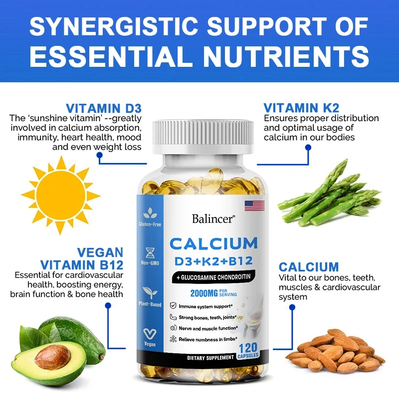 Calcium + D3 + K2 + B12 Capsules - Support Bone and Muscle Health, Replenish Joints Calcium + D3 + K2 + B12 Capsules - Support Bone and Muscle Health, Replenish Joints