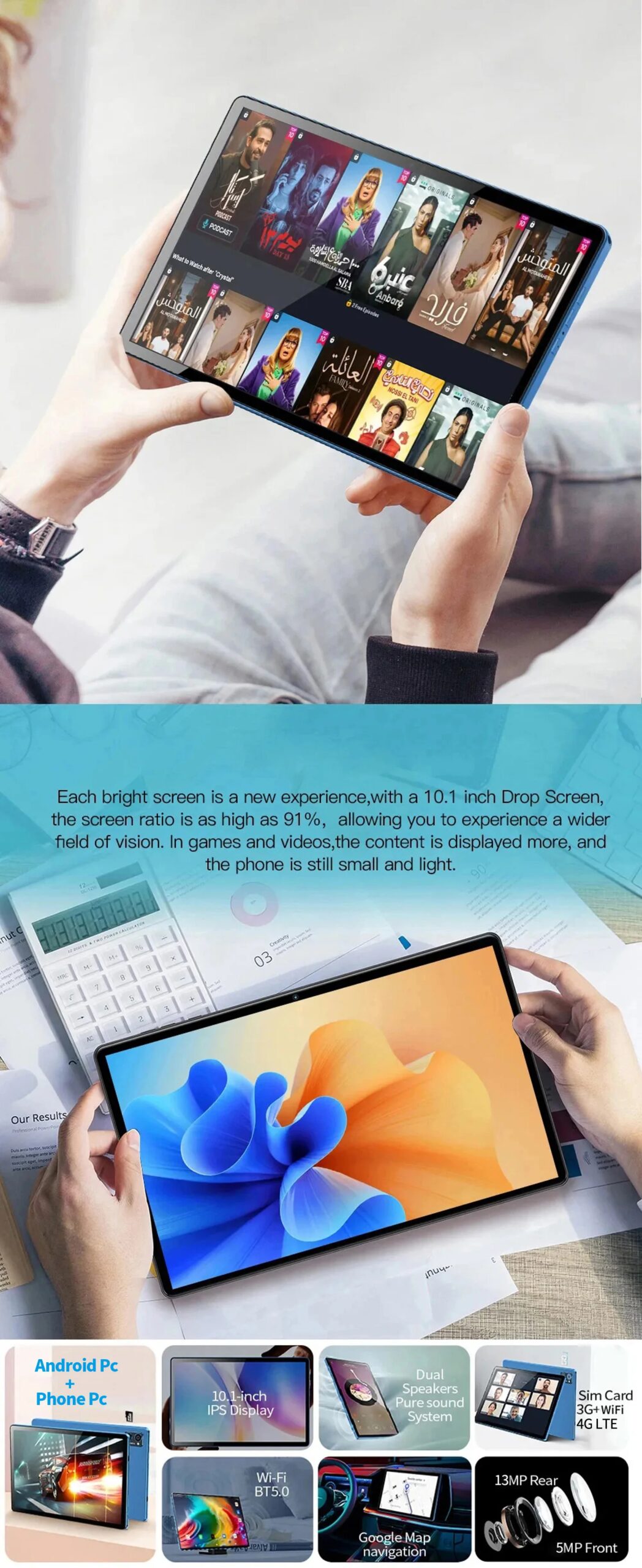 BDF 10.1 Inch Tablet Android 11, 4GB RAM 64GB ROM,1TB Expand,1280x800 IPS Screen 5000MAH Battery,Dual Camera, WiFi,3G Sim Card